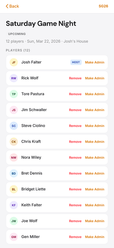 Tournament detail with join code and QR